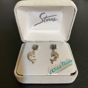 A.T. Storrs wild pearle abalone dolphin earrings